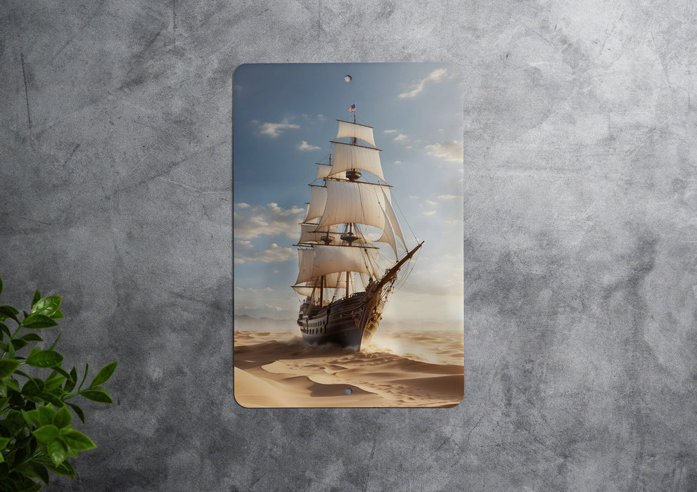 Sailboat on Sand Painting Metal Sign - Emerald Sea, Desert Voyage, Nautical Fantasy, Sand Sailing, Dreamy Seascape