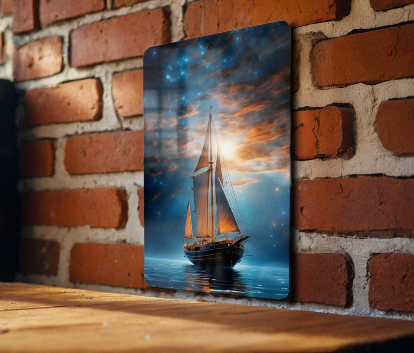 Sail Boat in Galaxy Wall Art Metal Sign - Cosmic Voyage, Starry Sailing, Space Exploration, Galactic Seas, Astral Journey