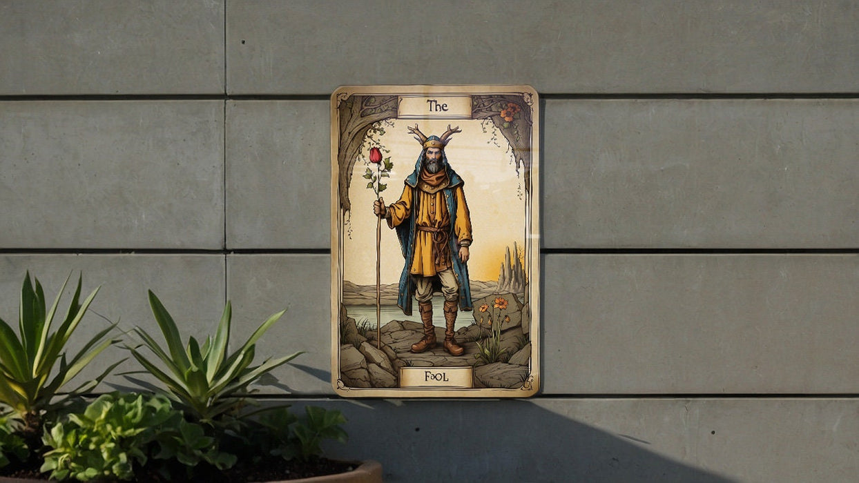 DND Style The Fool Wall Art Metal Sign - Fantasy Journey, Medieval Tarot, Adventurous Spirit, Role Play Imagery, Quest Beginnings