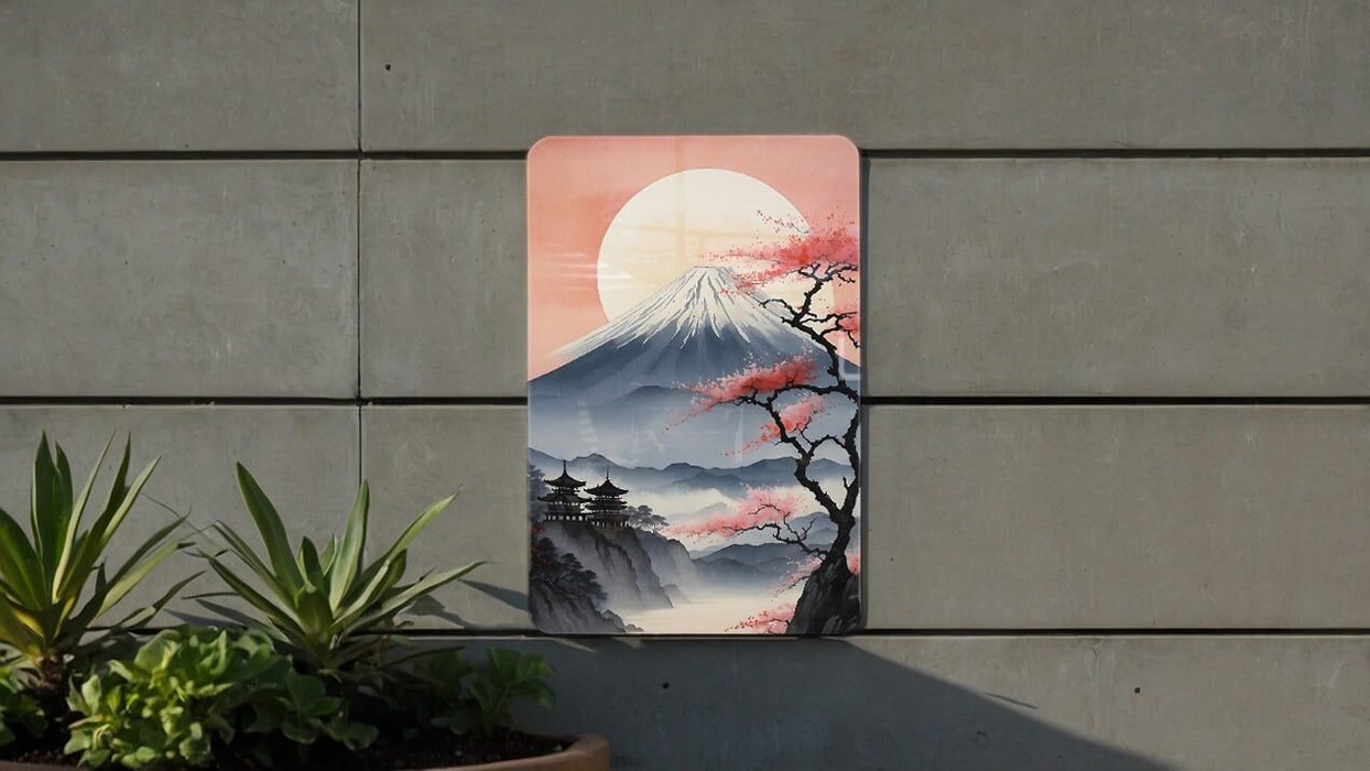 Vintage Japanese Volcano Painting Metal Sign - Majestic Mount, Oriental Landscape, Traditional Art, Beauty, Nature's Power