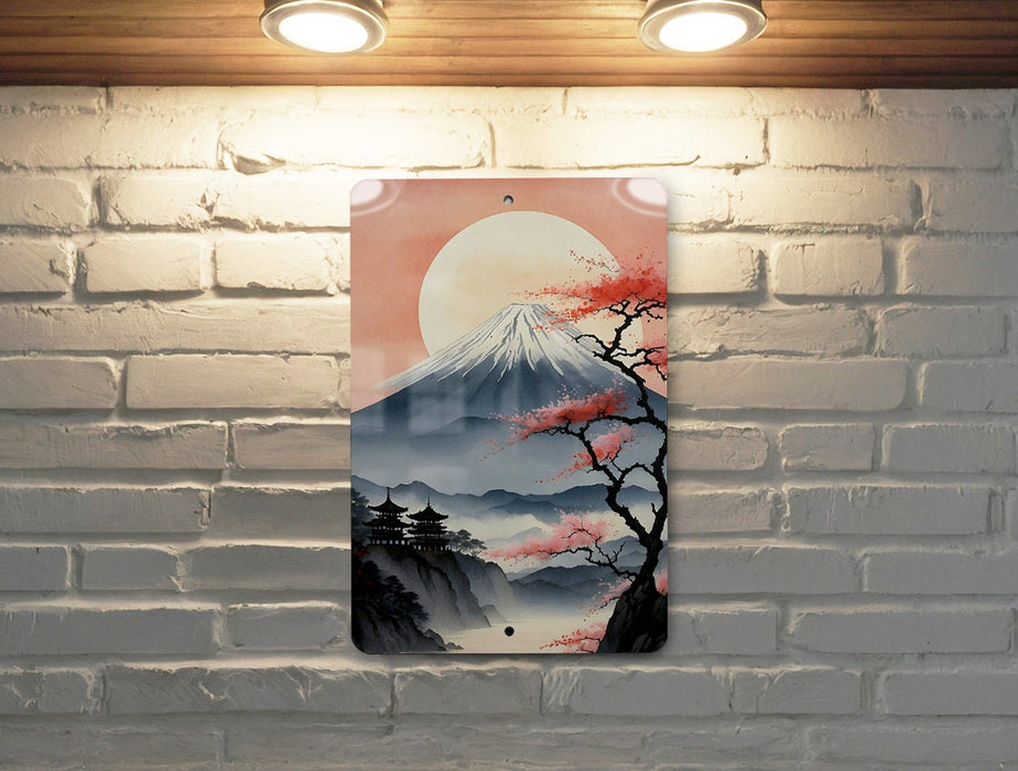 Vintage Japanese Volcano Painting Metal Sign - Majestic Mount, Oriental Landscape, Traditional Art, Beauty, Nature's Power