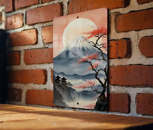Vintage Japanese Volcano Painting Metal Sign - Majestic Mount, Oriental Landscape, Traditional Art, Beauty, Nature's Power