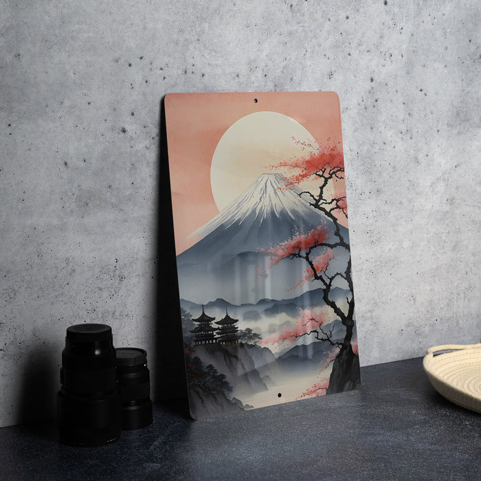 Vintage Japanese Volcano Painting Metal Sign - Majestic Mount, Oriental Landscape, Traditional Art, Beauty, Nature's Power