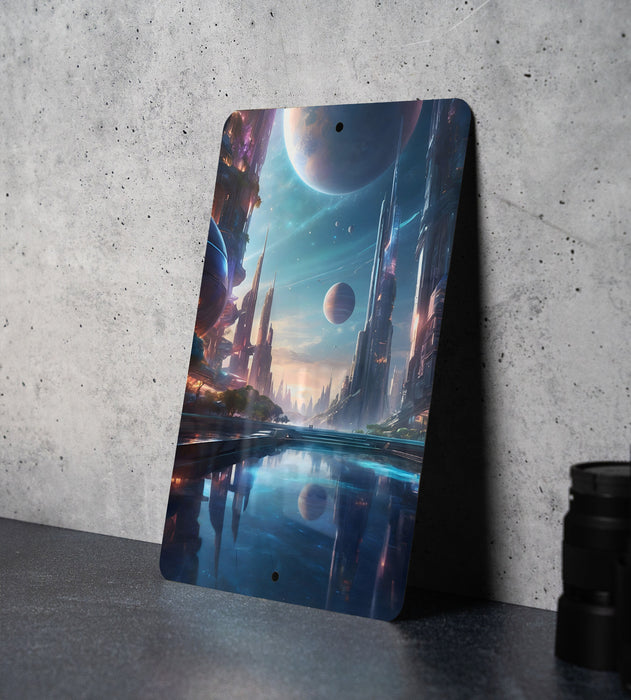 Sci-Fi City Wall Art Metal Sign - Futuristic Metropolis, Urban Sci-Fi, Neon Skyline, Cyberpunk Cityscape, Modern Utopia