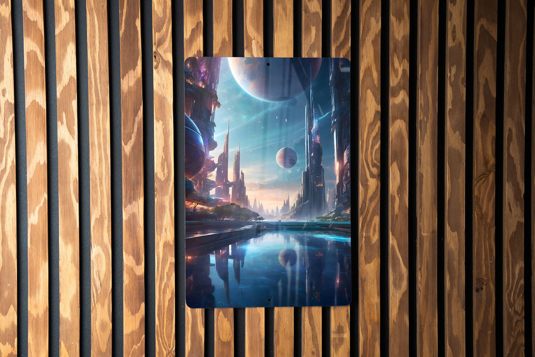 Sci-Fi City Wall Art Metal Sign - Futuristic Metropolis, Urban Sci-Fi, Neon Skyline, Cyberpunk Cityscape, Modern Utopia