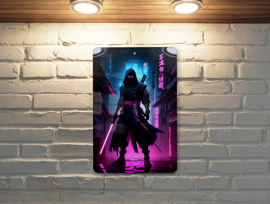 Cyberpunk Ninja Wall Art Metal Sign - Futuristic Warrior, Sci-Fi Decor, Urban Samurai, Neon Blade, Tech Assassin