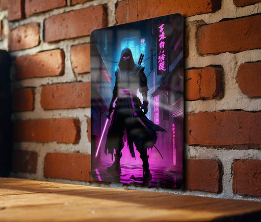 Cyberpunk Ninja Wall Art Metal Sign - Futuristic Warrior, Sci-Fi Decor, Urban Samurai, Neon Blade, Tech Assassin