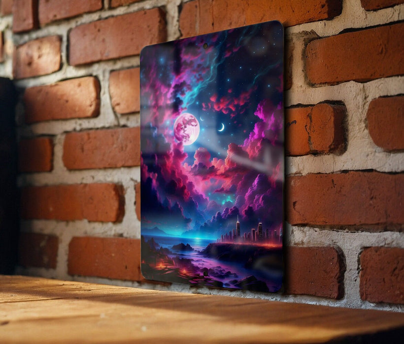 Cyberpunk Galaxy Sky Wall Art Metal Sign - Sci-Fi Cityscape, Neon Universe, Futuristic Decor, Space Aesthetic, Urban Stars
