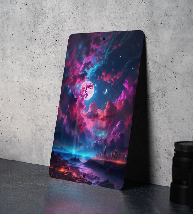 Cyberpunk Galaxy Sky Wall Art Metal Sign - Sci-Fi Cityscape, Neon Universe, Futuristic Decor, Space Aesthetic, Urban Stars