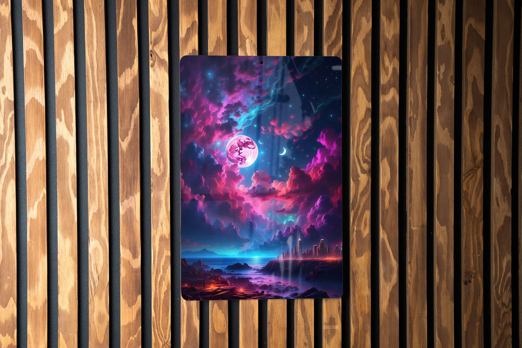 Cyberpunk Galaxy Sky Wall Art Metal Sign - Sci-Fi Cityscape, Neon Universe, Futuristic Decor, Space Aesthetic, Urban Stars