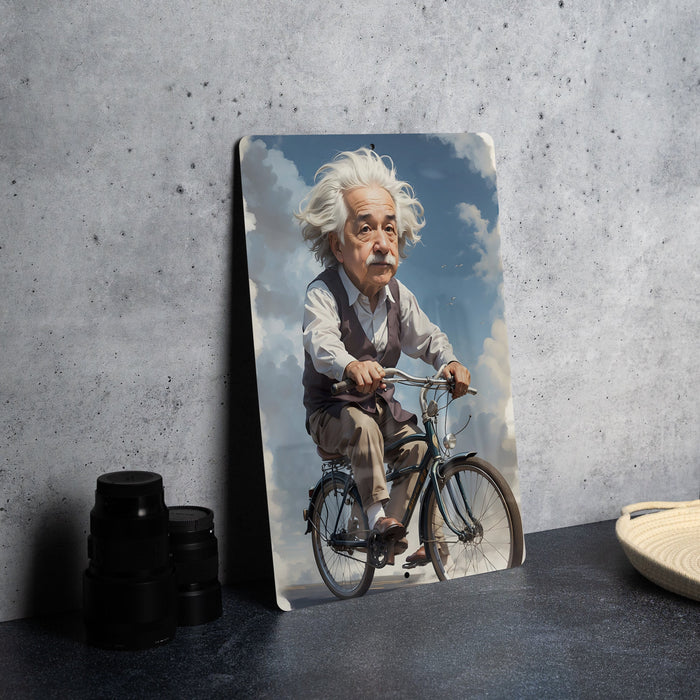 Einstein Bicycle Painting Metal Sign - Vintage Science Art, Genius on Bike, Historical Decor, Inspirational Figure, Unique Art