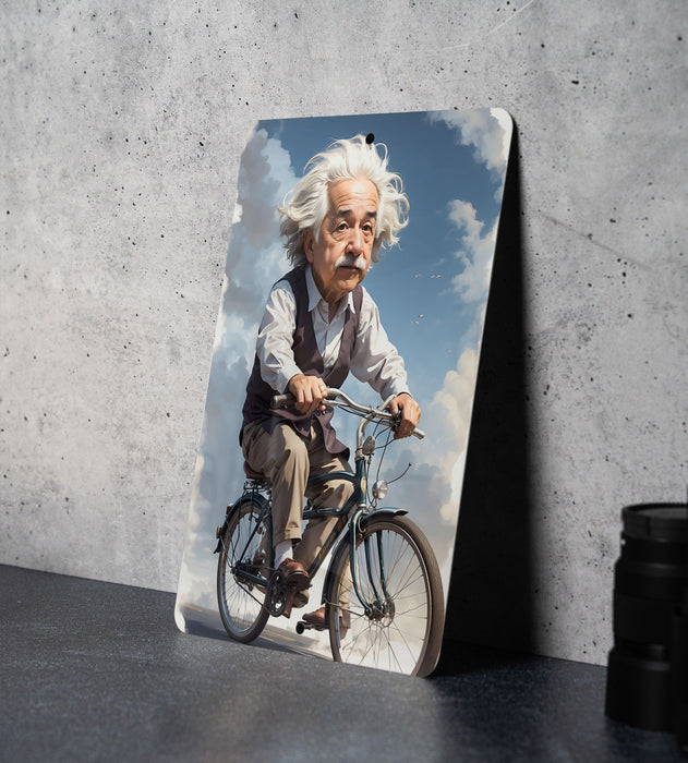 Einstein Bicycle Painting Metal Sign - Vintage Science Art, Genius on Bike, Historical Decor, Inspirational Figure, Unique Art
