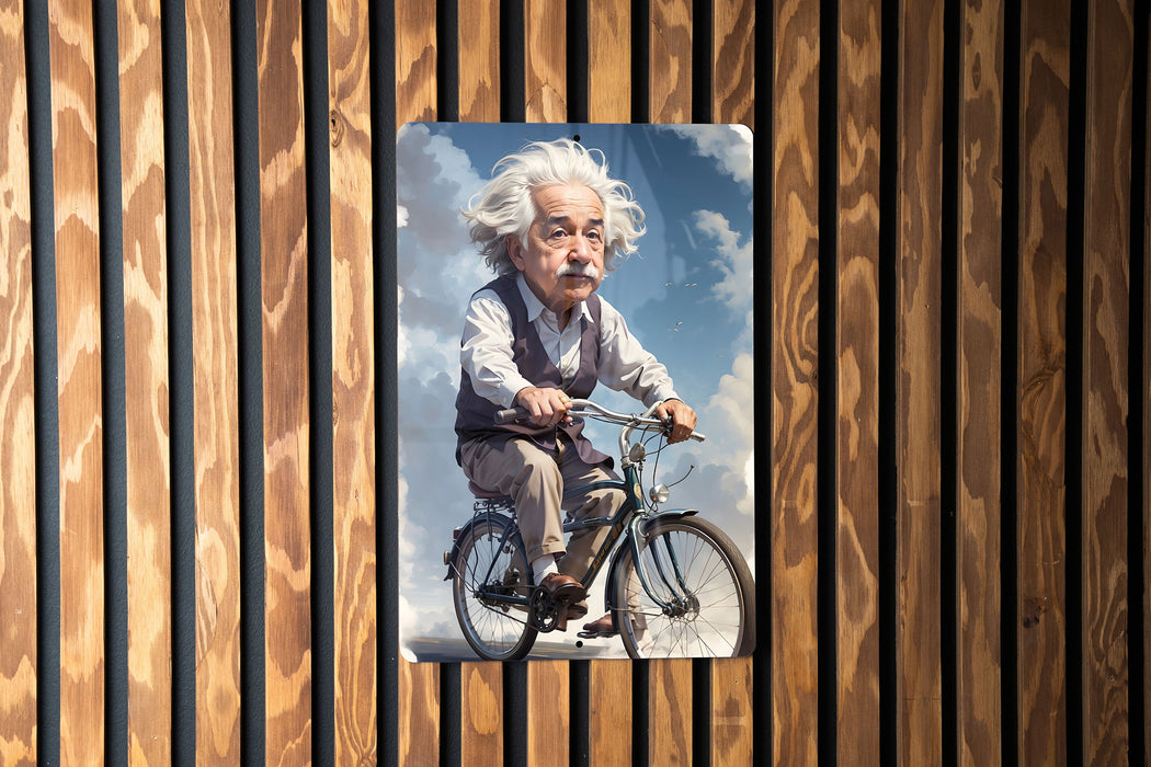 Einstein Bicycle Painting Metal Sign - Vintage Science Art, Genius on Bike, Historical Decor, Inspirational Figure, Unique Art