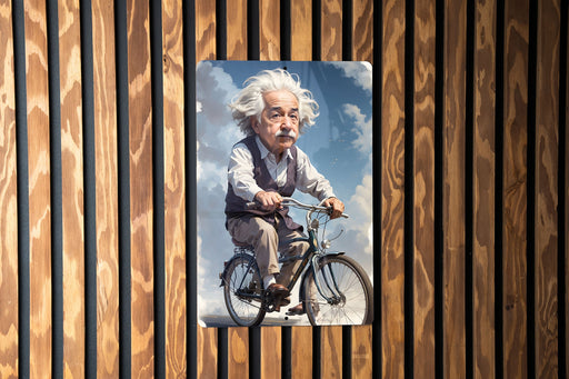 Einstein Bicycle Painting Metal Sign - Vintage Science Art, Genius on Bike, Historical Decor, Inspirational Figure, Unique Art