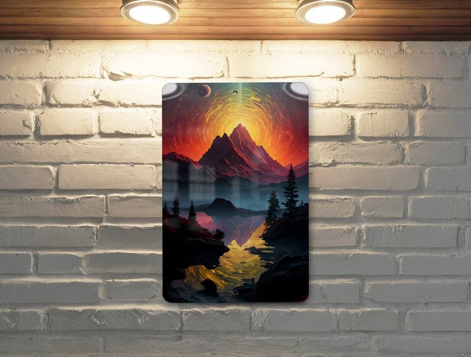 Fantasy Mountain Retrowave Art Metal Sign - Synthwave Decor, Retro Future, Neon Landscape, 80s Aesthetic, Dreamy Peaks