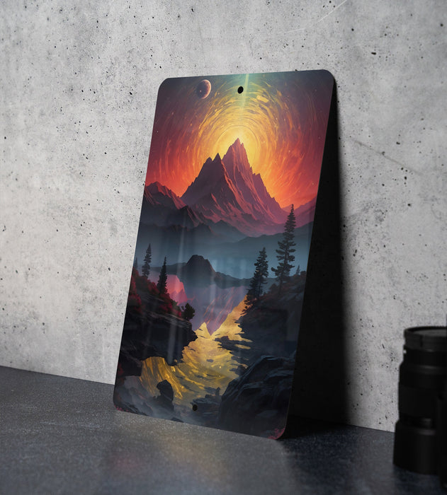 Fantasy Mountain Retrowave Art Metal Sign - Synthwave Decor, Retro Future, Neon Landscape, 80s Aesthetic, Dreamy Peaks