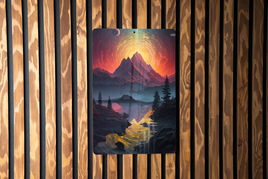 Fantasy Mountain Retrowave Wall Art Metal Sign - Synthwave Aesthetic, Retro Futurism, Neon Landscape, 80s Nostalgia, Dreamy View