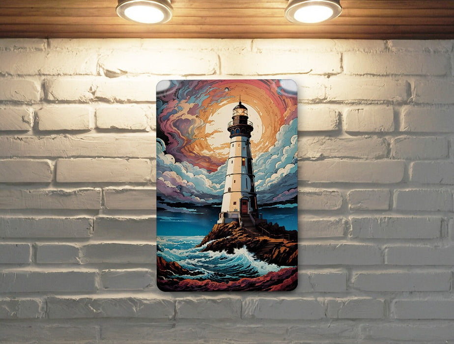 Colorful Night Sky Lighthouse Wall Art Metal Sign - Guiding Light, Starry Seascape, Nautical Decor, Beacon of Hope, Ocean View