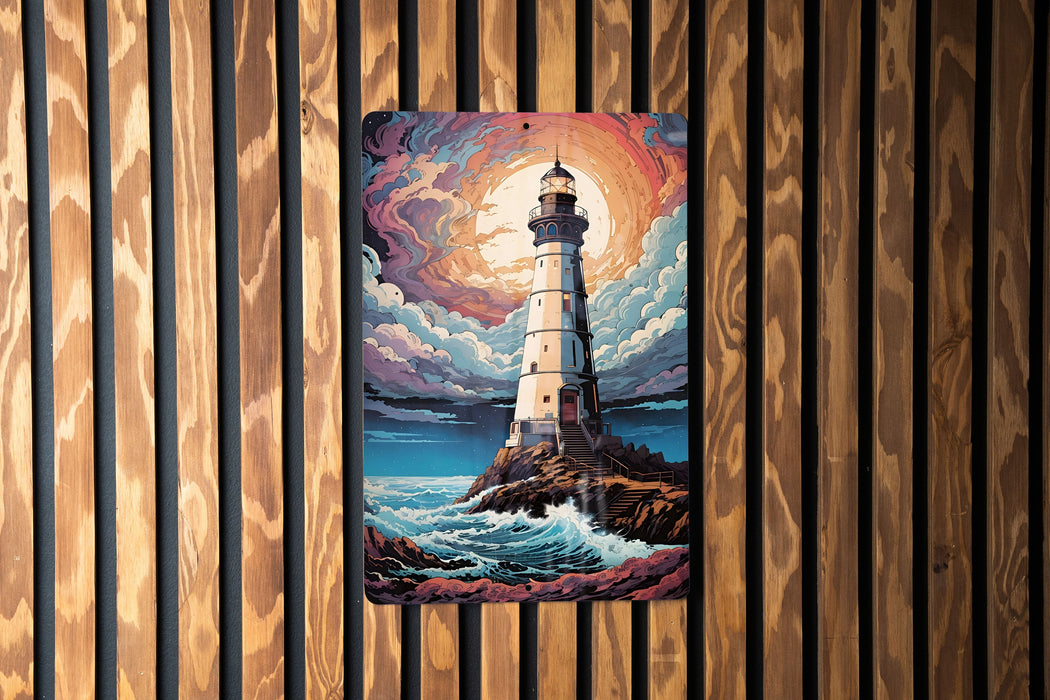 Colorful Night Sky Lighthouse Wall Art Metal Sign - Guiding Light, Starry Seascape, Nautical Decor, Beacon of Hope, Ocean View