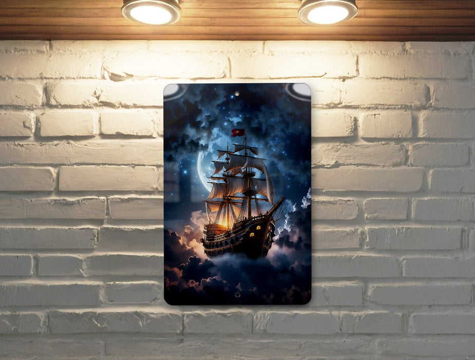 Fantasy Ship Clouds Wall Art Metal Sign - Floating Vessel, Dreamy Skies, Airborne Adventure, Cloudscape Journey, Mystic Voyage