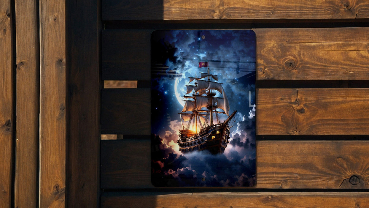 Fantasy Ship Clouds Wall Art Metal Sign - Floating Vessel, Dreamy Skies, Airborne Adventure, Cloudscape Journey, Mystic Voyage