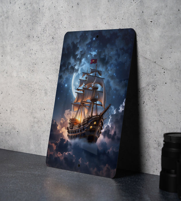 Fantasy Ship Clouds Wall Art Metal Sign - Floating Vessel, Dreamy Skies, Airborne Adventure, Cloudscape Journey, Mystic Voyage