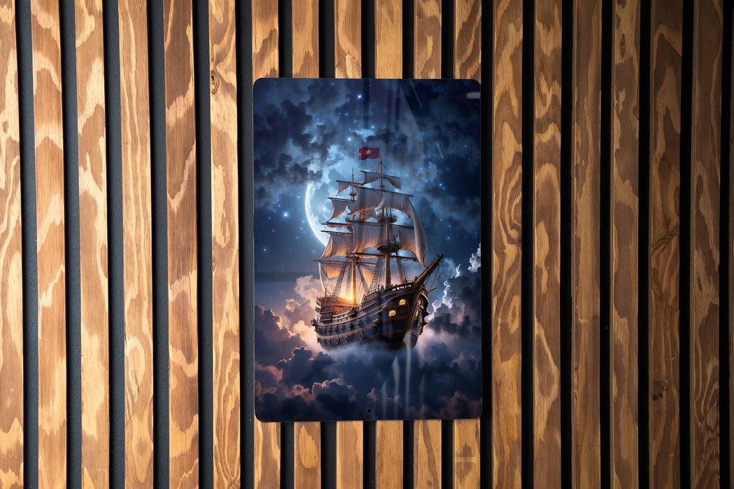 Fantasy Ship Clouds Wall Art Metal Sign - Floating Vessel, Dreamy Skies, Airborne Adventure, Cloudscape Journey, Mystic Voyage