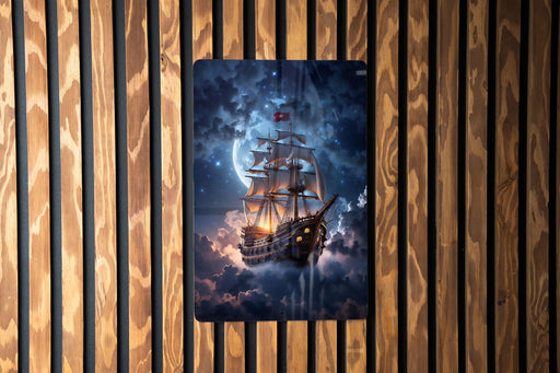 Fantasy Ship Clouds Wall Art Metal Sign - Floating Vessel, Dreamy Skies, Airborne Adventure, Cloudscape Journey, Mystic Voyage