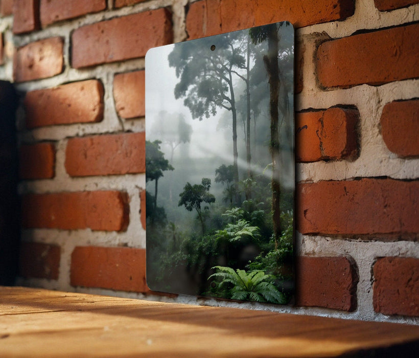 Foggy Jungle Nature Wall Art Metal Sign - Misty Wilderness, Enchanted Forest, Mysterious Landscape, Nature's Mystery, Serene Jungle