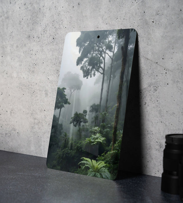 Foggy Jungle Nature Wall Art Metal Sign - Misty Wilderness, Enchanted Forest, Mysterious Landscape, Nature's Mystery, Serene Jungle