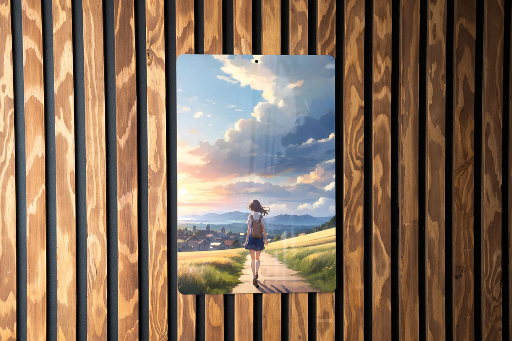 Anime Small Town Nature Art, Whimsical Landscape, Peaceful Scenery Metal Sign