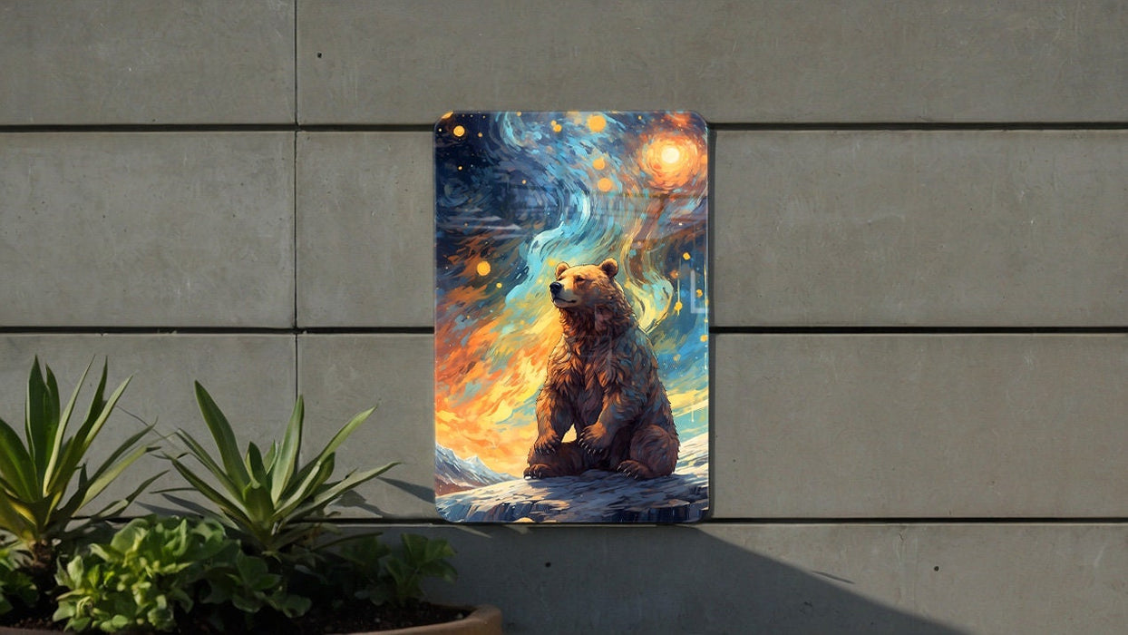 Bear Staring at Galaxy Wall Art Metal Sign - Cosmic Animal, Space Decor, Starry Night, Nature Meets Space, Unique Art