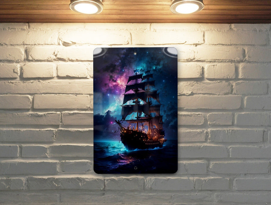 Ship in Colorful Galaxy Wall Art Metal Sign - Space Nautical, Cosmic Voyage, Sci-Fi Decor, Astral Sailing, Universe Explorer