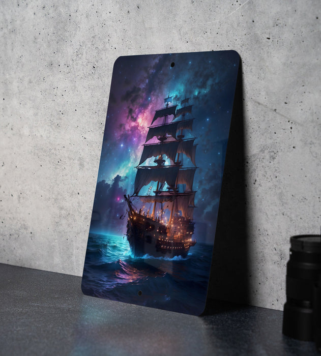 Ship in Colorful Galaxy Wall Art Metal Sign - Space Nautical, Cosmic Voyage, Sci-Fi Decor, Astral Sailing, Universe Explorer