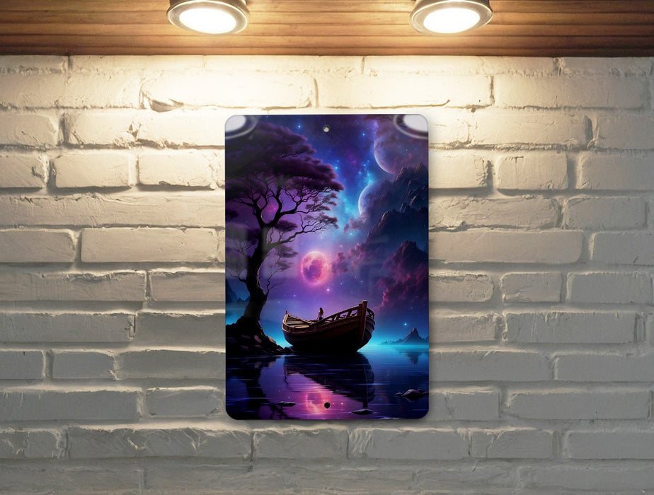 Boat Under Colorful Night Sky Wall Art Metal Sign - Starry Seascape, Nautical Decor, Celestial Voyage, Dreamy Ocean