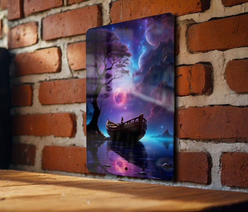 Boat Under Colorful Night Sky Wall Art Metal Sign - Starry Seascape, Nautical Decor, Celestial Voyage, Dreamy Ocean