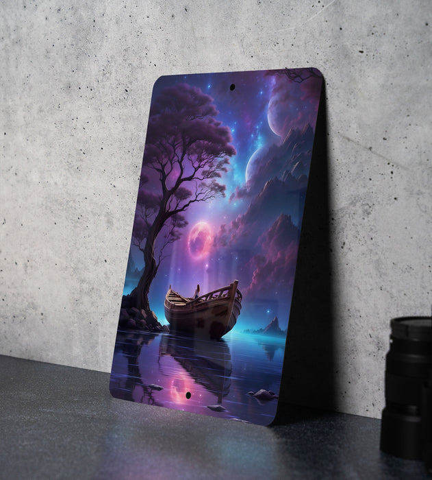 Boat Under Colorful Night Sky Wall Art Metal Sign - Starry Seascape, Nautical Decor, Celestial Voyage, Dreamy Ocean