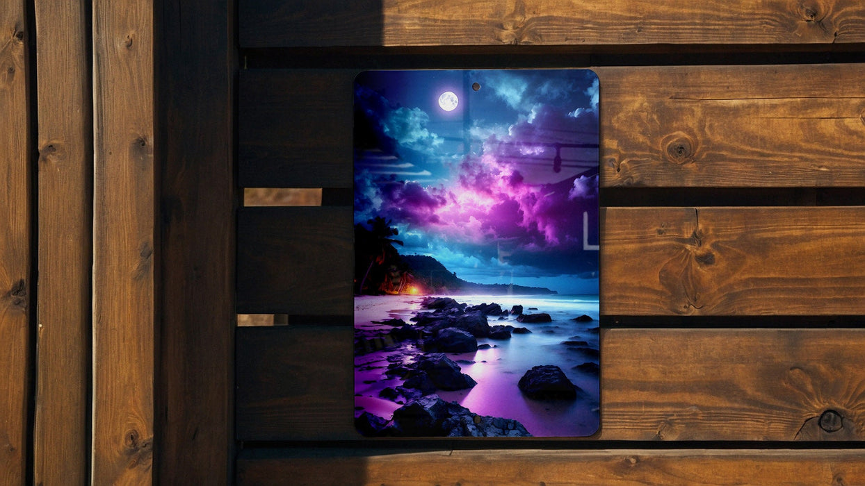 Colorful Galaxy Beach Art Metal Sign - Cosmic Seaside, Space Decor, Starry Shore, Sci-Fi Ocean, Astral Sand