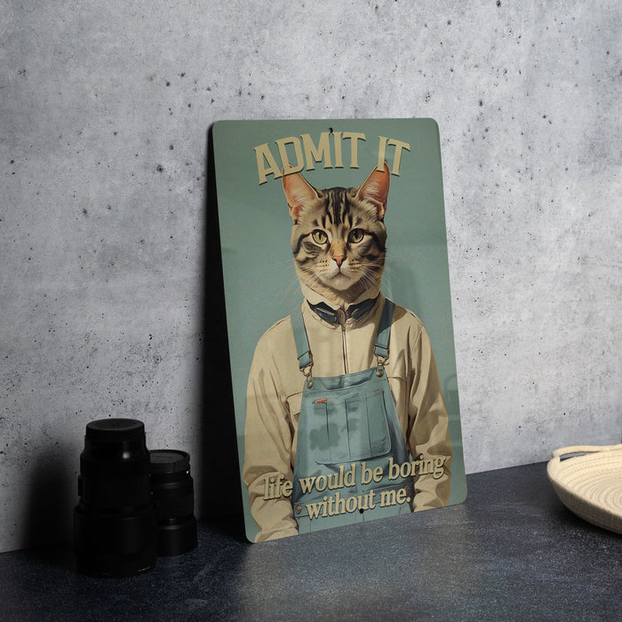 a picture of a cat wearing overalls on a table