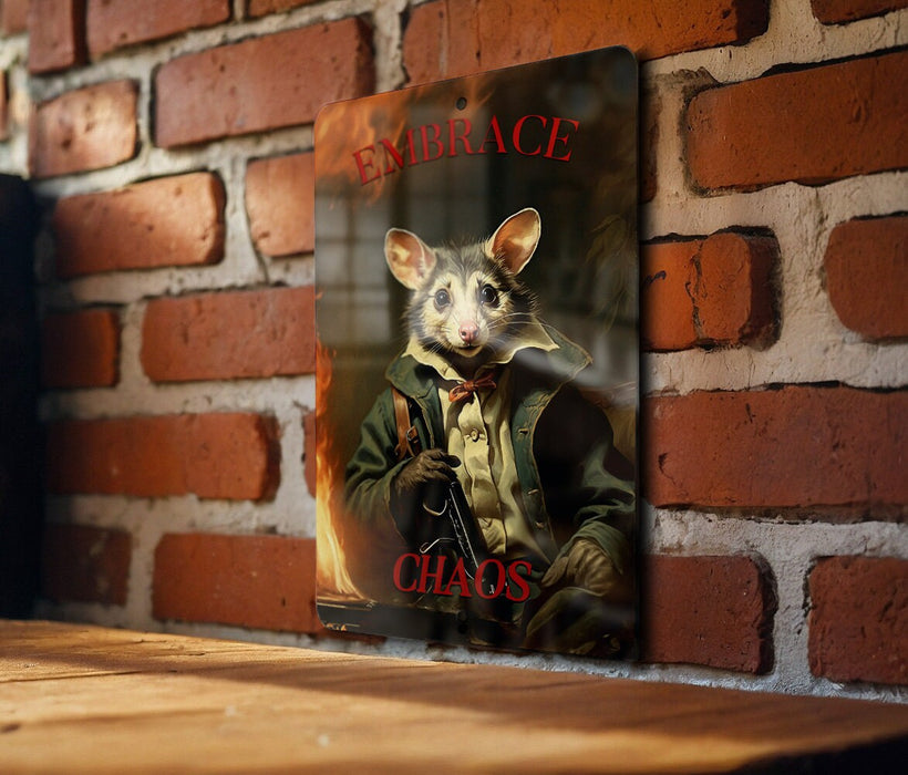 Embrace Chaos Opossum Metal Sign, Funny Opossum Decor, Chaos Humor, Quirky Animal Art, Eccentric Home Decor