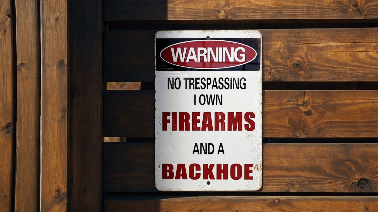 Funny Metal Sign, No Trespassing: I Own Firearms and a Backhoe