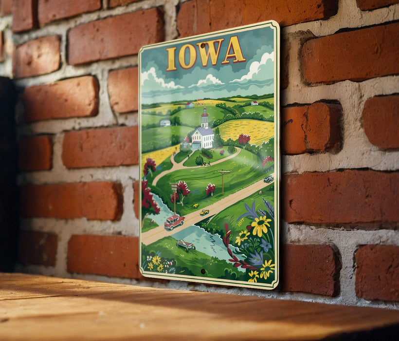 a picture of a town on a sign on a brick wall