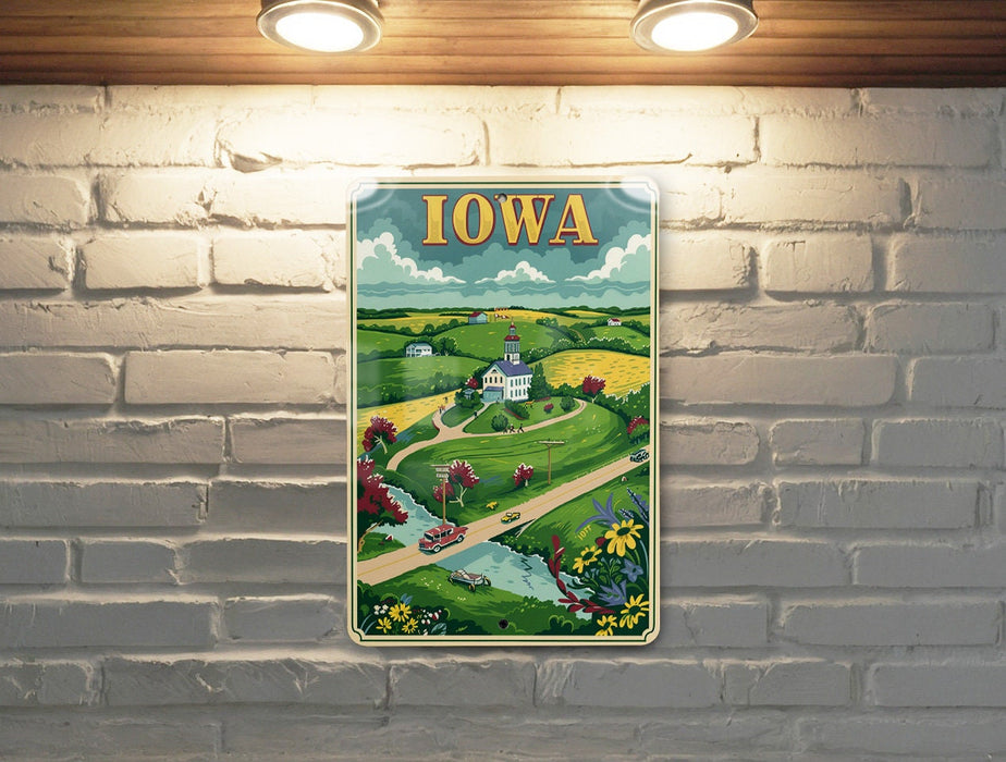a brick wall with a picture of a town on it