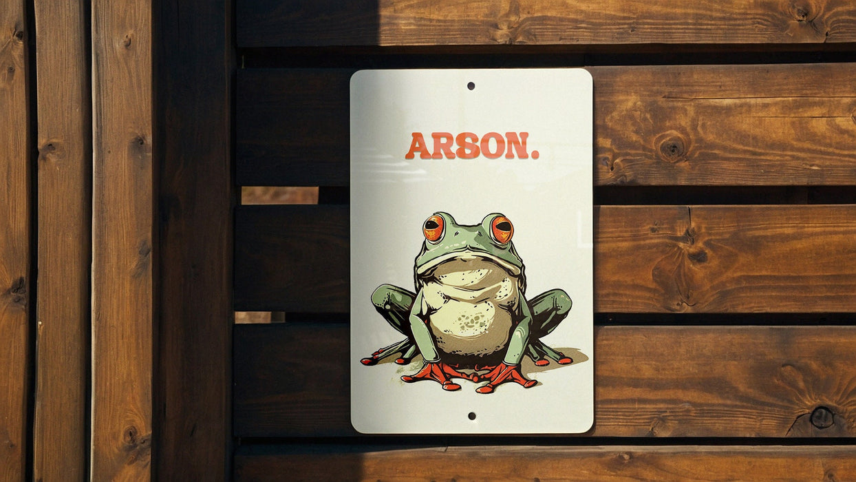 Arson Frog Metal Poster - Frog Humor, Unique Art, Quirky Decor, Nature Inspired, Wall Art