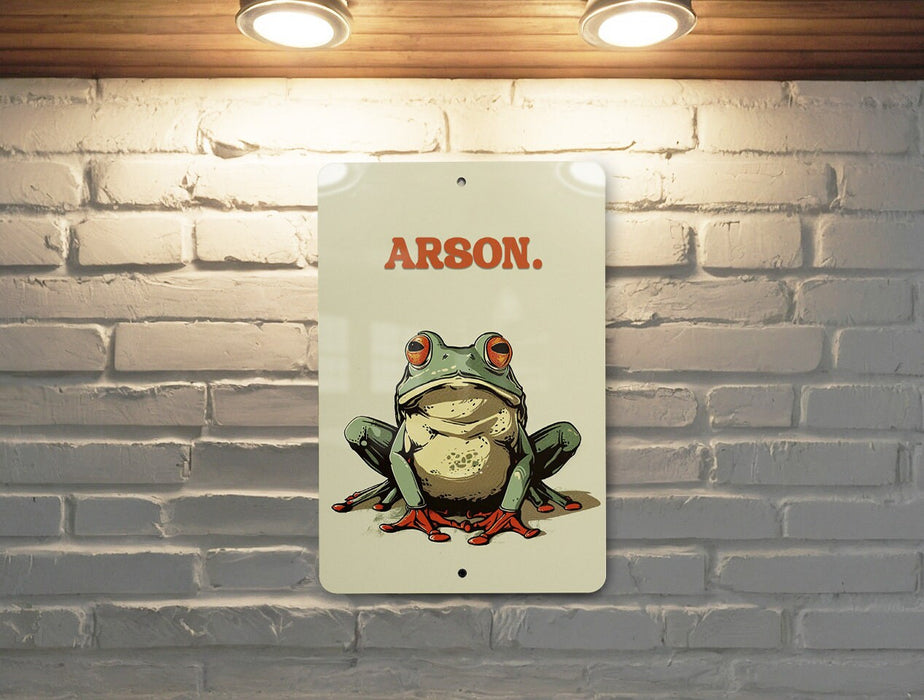 Arson Frog Metal Poster - Frog Humor, Unique Art, Quirky Decor, Nature Inspired, Wall Art