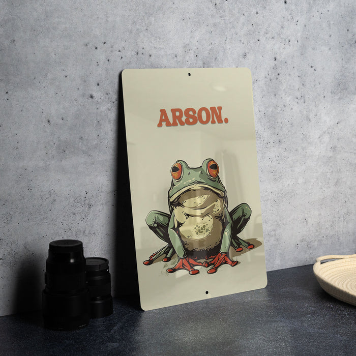 Arson Frog Metal Poster - Frog Humor, Unique Art, Quirky Decor, Nature Inspired, Wall Art