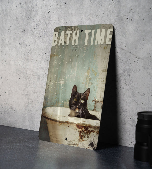 Bath Time Cat Metal Poster - Cat Art, Relaxing Bath, Home Decor, Cute Animal, Bathroom Sign