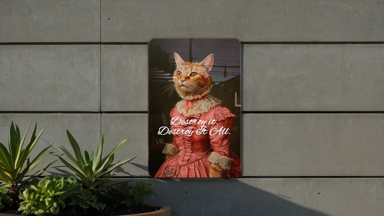Destroy It All Kitten Metal Poster - Cute Chaos, Kitten Mischief, Home Decor, Whimsical Art, Playful Pet