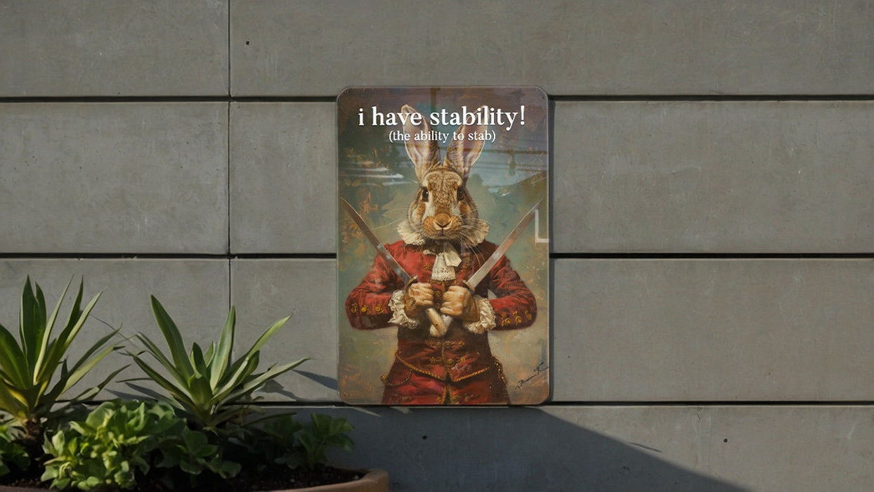 Stability to Stab Metal Poster - Word Play, Dark Humor, Witty Quote, Edgy Art, Unique Illustration