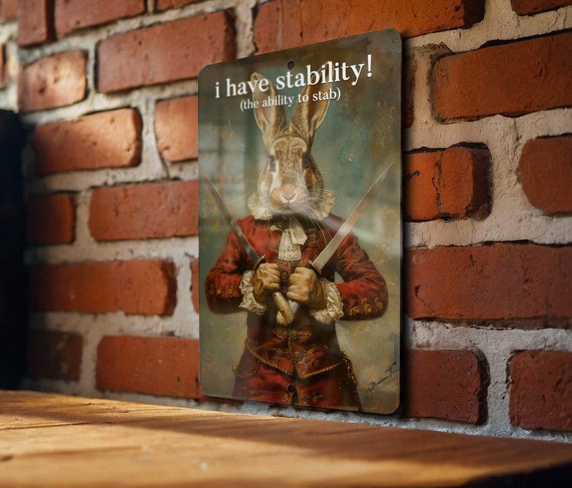 Stability to Stab Metal Poster - Word Play, Dark Humor, Witty Quote, Edgy Art, Unique Illustration